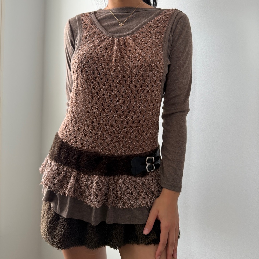 Brown Layered Knit Long Sleeve Mini Dress - Small